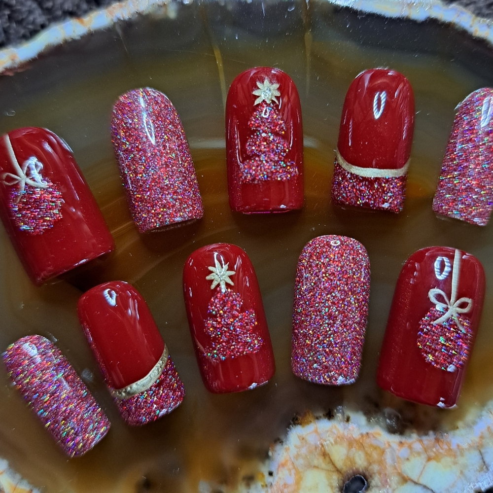 Christmas Red French Tip Sparkle Custom Hand Painted Salon Press On Nails